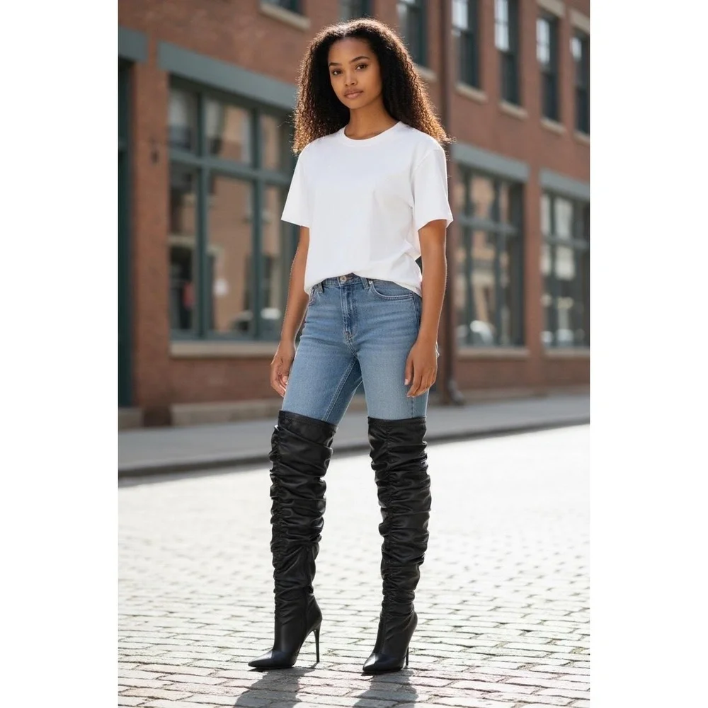 Fashion Nova Black Stiletto‎ Thigh-High Ruched Slouchy Boots Pointed Toe